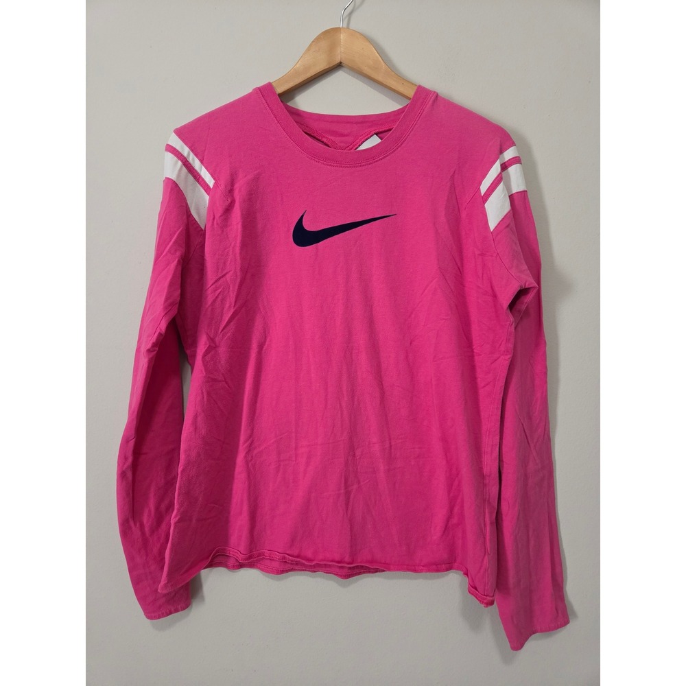 Nike Womens Pink Long Sleeve T-Shirt Swoosh Logo Sporty Stripe XL RN 56323